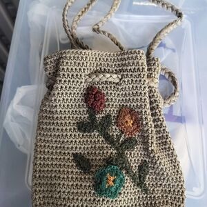 Tan and Red Mini Bag with Floral Crochet Design